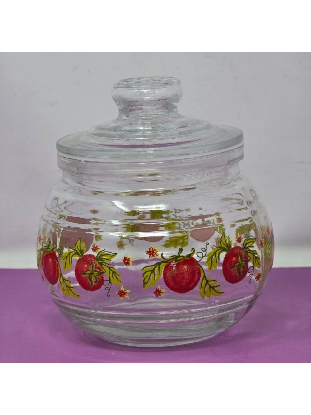 Vintage KIG Indonesia Glass Canister Jar Lid Tomato Pattern Kitchen